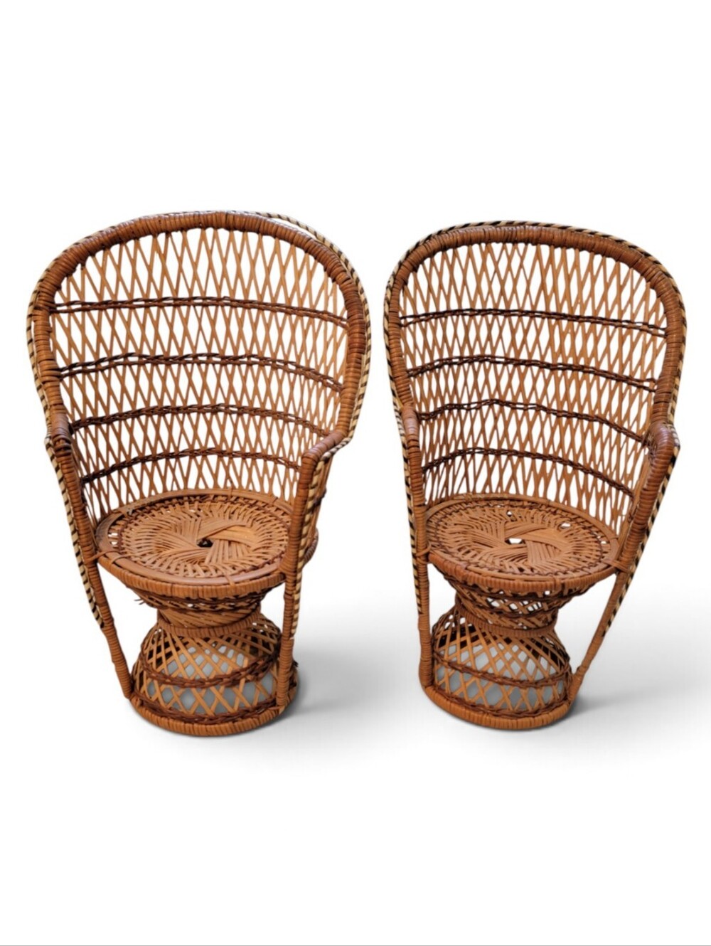 Vintage Mini Wicker Peacock Chairs Pair Boho Rattan Plant Doll Stands